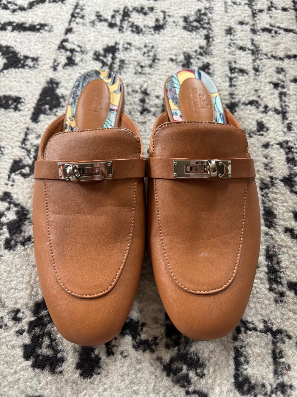 Hermes Tan Leather Backless Loafers with Silver-Tone Hardware